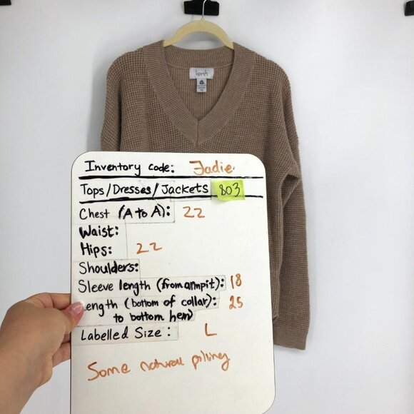 Kersh Light Khaki Tan Camel ribbed Knit V-neck Merino tencel Blend Sweater L - Picture 15 of 16